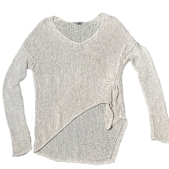 Helmut Cream Asymmetrical Open Knit Sweater Small V Neck Long Sleeve Gathered - Picture 1 of 4